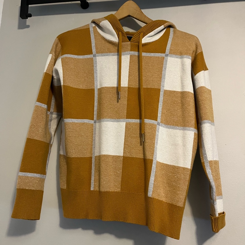 Rachel Roy Plaid, Hooded Sweater. Mustard, gray, white. Size Small.